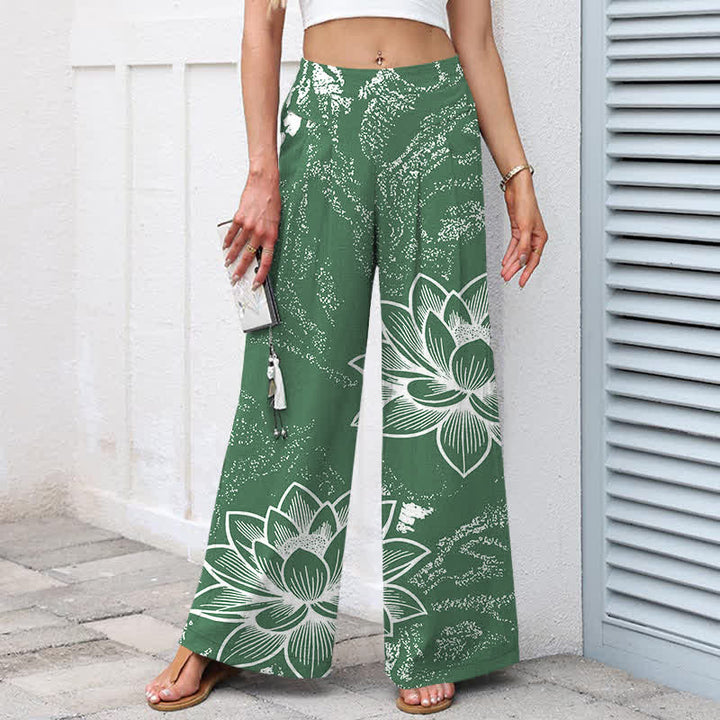 Buddha Stones Pantaloni da donna in cotone e lino con elastico in vita e gamba larga, fantasia floreale a loto, con tasche. - image 1