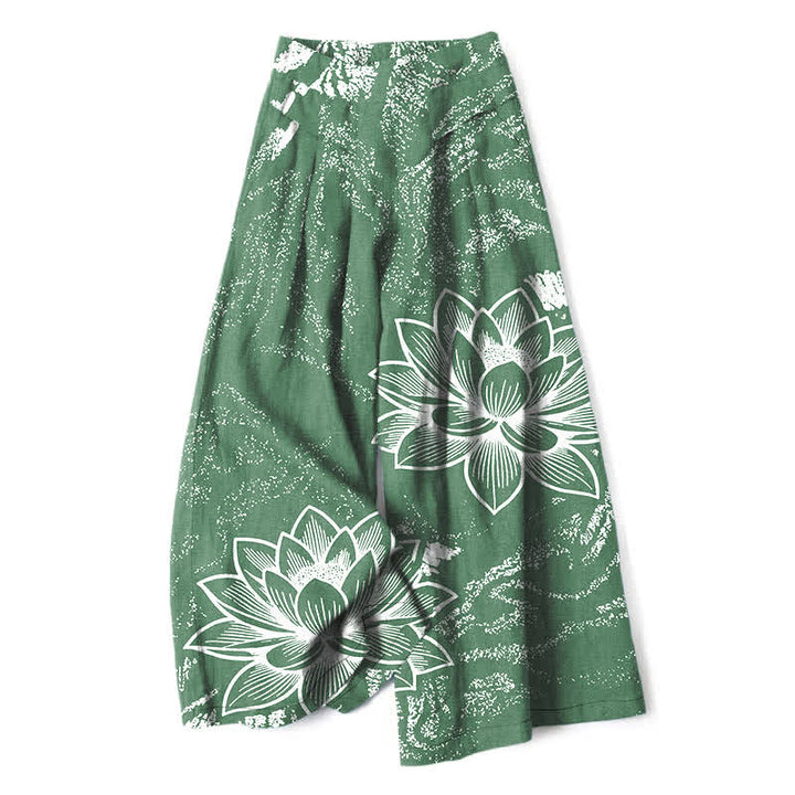 Buddha Stones Pantaloni da donna in cotone e lino con elastico in vita e gamba larga, fantasia floreale a loto, con tasche. - Verde mare - US16, UK/AU20, EU48 (3XL) - image 0