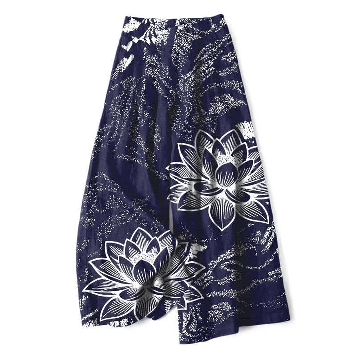 Buddha Stones Pantaloni da donna in cotone e lino con elastico in vita e gamba larga, fantasia floreale a loto, con tasche. - Marina - US16, UK/AU20, EU48 (3XL) - image 4