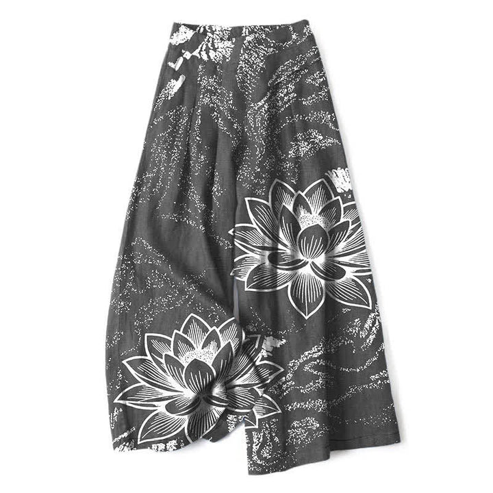 Buddha Stones Pantaloni da donna in cotone e lino con elastico in vita e gamba larga, fantasia floreale a loto, con tasche. - Grigio tenue - US16, UK/AU20, EU48 (3XL) - image 6