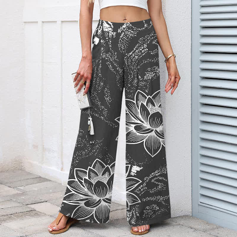 Buddha Stones Pantaloni da donna in cotone e lino con elastico in vita e gamba larga, fantasia floreale a loto, con tasche. - image 7