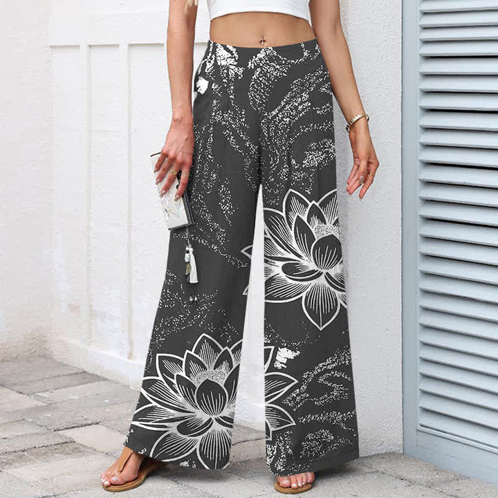 Buddha Stones Pantaloni da donna in cotone e lino con elastico in vita e gamba larga, fantasia floreale a loto, con tasche. - image 7