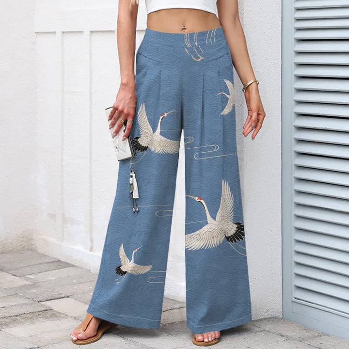 Buddha Stones Pantaloni da donna in cotone e lino con elastico in vita e gamba larga, fantasia a onde e stampa gru, con tasche. - image 1