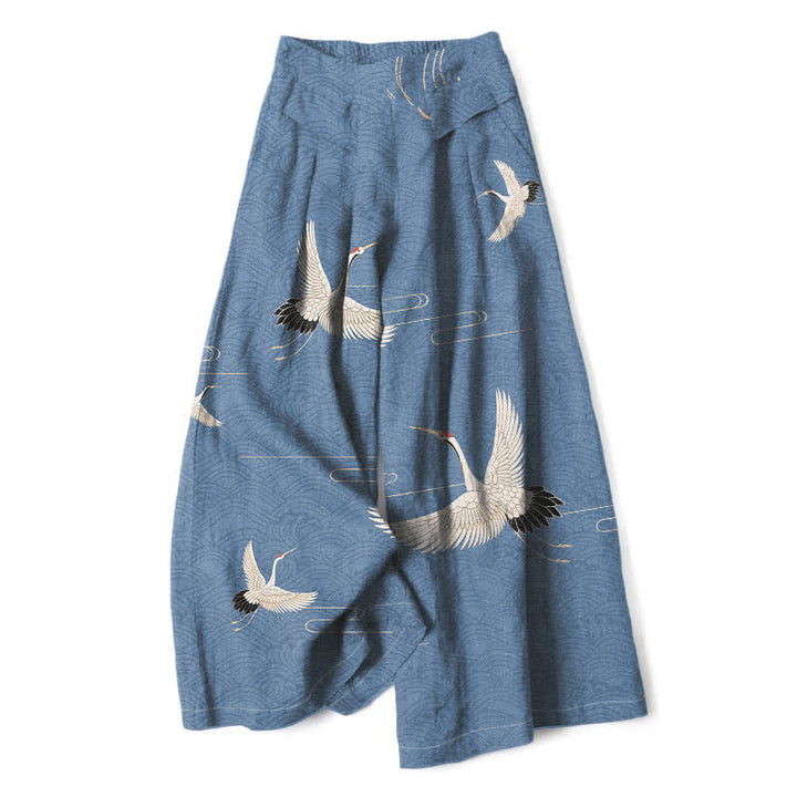 Buddha Stones Pantaloni da donna in cotone e lino con elastico in vita e gamba larga, fantasia a onde e stampa gru, con tasche. - SteelBlue - US16, UK/AU20, EU48 (3XL) - image 0