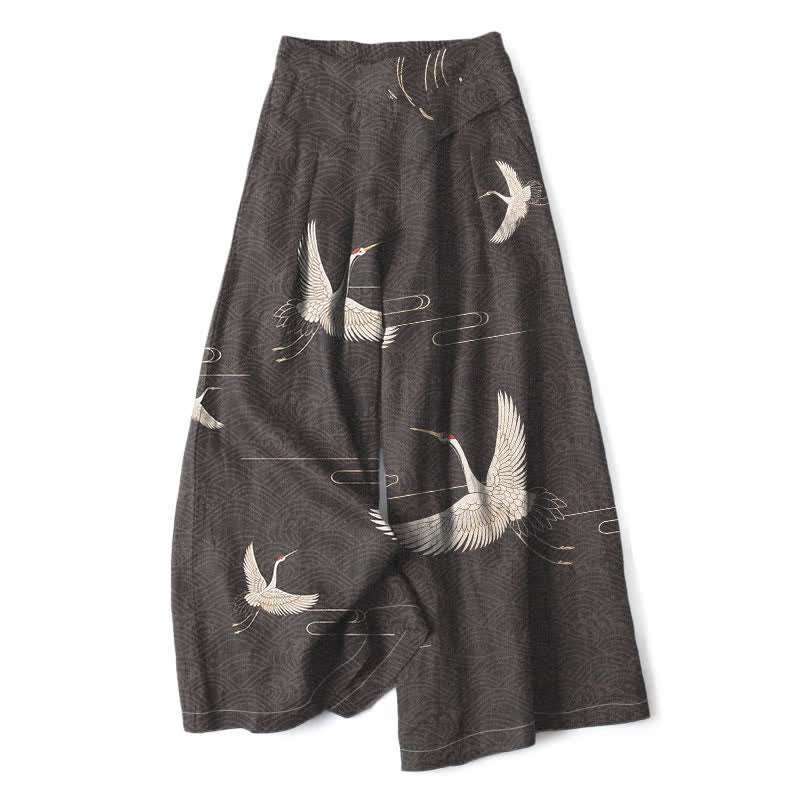 Buddha Stones Pantaloni da donna in cotone e lino con elastico in vita e gamba larga, fantasia a onde e stampa gru, con tasche. - Grigio tenue - US16, UK/AU20, EU48 (3XL) - image 4