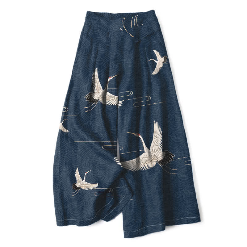Buddha Stones Pantaloni da donna in cotone e lino con elastico in vita e gamba larga, fantasia a onde e stampa gru, con tasche. - Marina - US16, UK/AU20, EU48 (3XL) - image 6