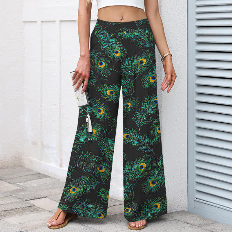 Buddha Stones Pantaloni da donna in cotone e lino con elastico in vita e gamba larga, fantasia a piume di pavone, con tasche. - image 1