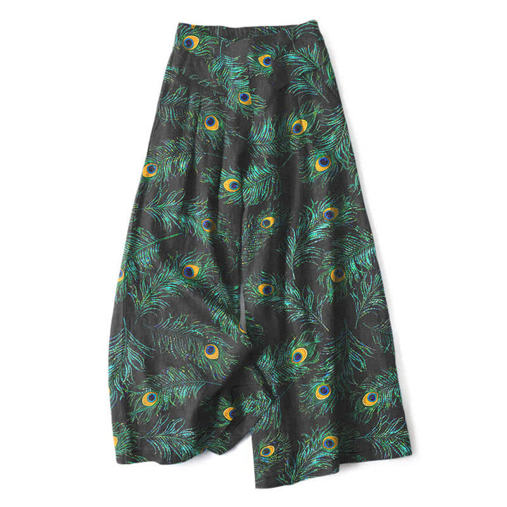 Buddha Stones Pantaloni da donna in cotone e lino con elastico in vita e gamba larga, fantasia a piume di pavone, con tasche. - Nero - US16, UK/AU20, EU48 (3XL) - image 0