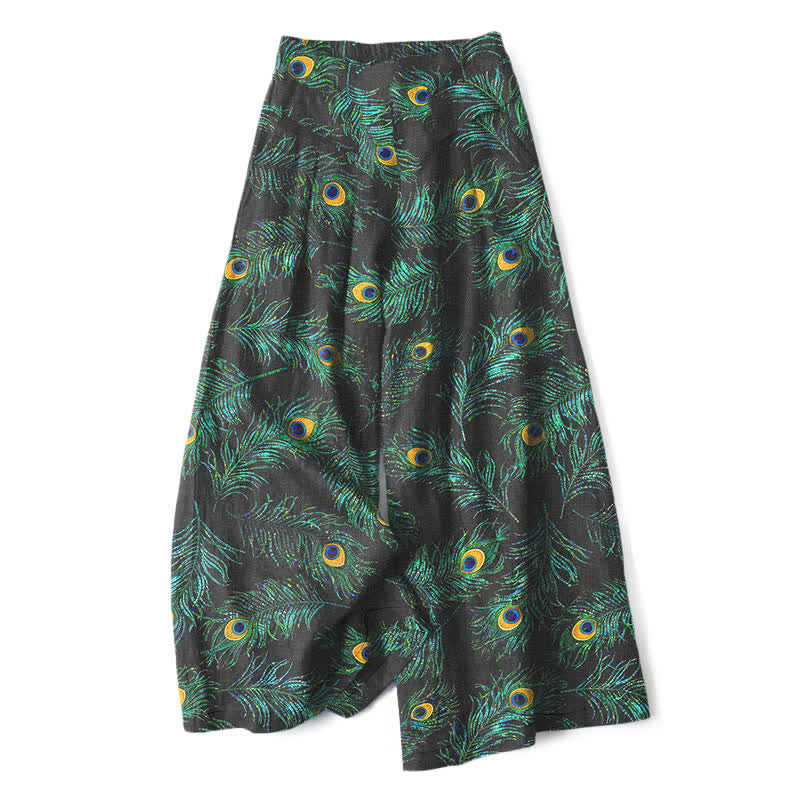 Buddha Stones Pantaloni da donna in cotone e lino con elastico in vita e gamba larga, fantasia a piume di pavone, con tasche. - Nero - US16, UK/AU20, EU48 (3XL) - image 0