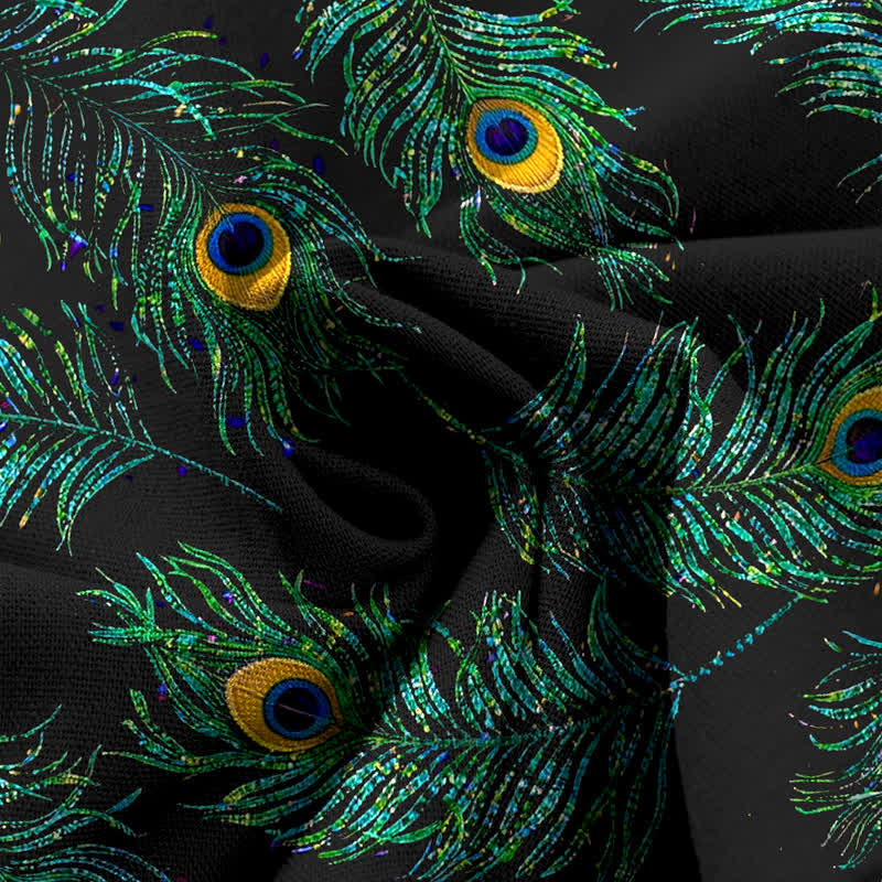 Buddha Stones Pantaloni da donna in cotone e lino con elastico in vita e gamba larga, fantasia a piume di pavone, con tasche. - image 3