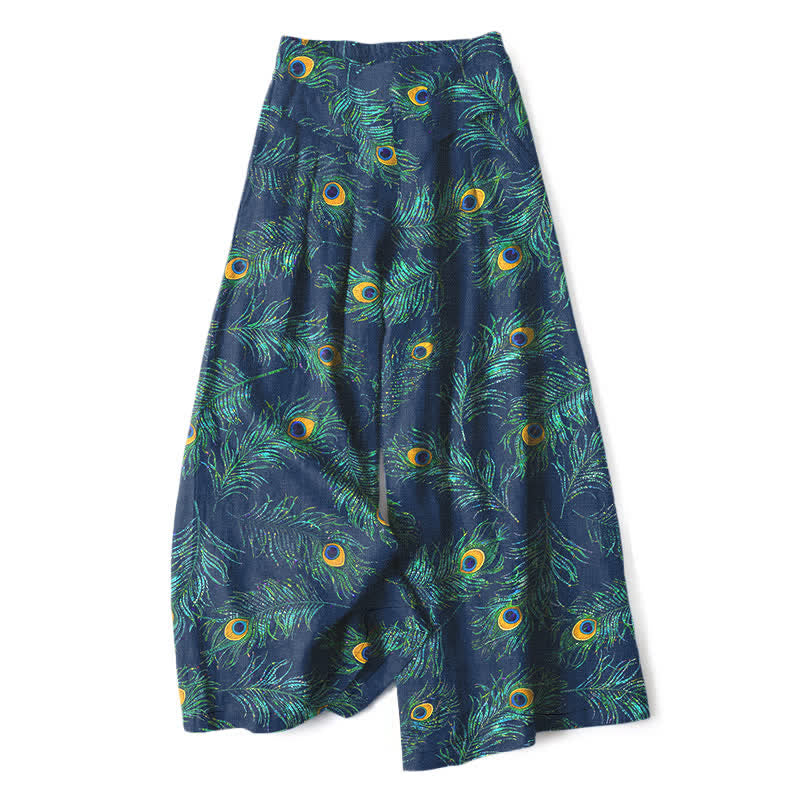 Buddha Stones Pantaloni da donna in cotone e lino con elastico in vita e gamba larga, fantasia a piume di pavone, con tasche. - Marina - US16, UK/AU20, EU48 (3XL) - image 4