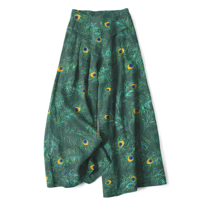 Buddha Stones Pantaloni da donna in cotone e lino con elastico in vita e gamba larga, fantasia a piume di pavone, con tasche. - Verde studentesco - US16, UK/AU20, EU48 (3XL) - image 6