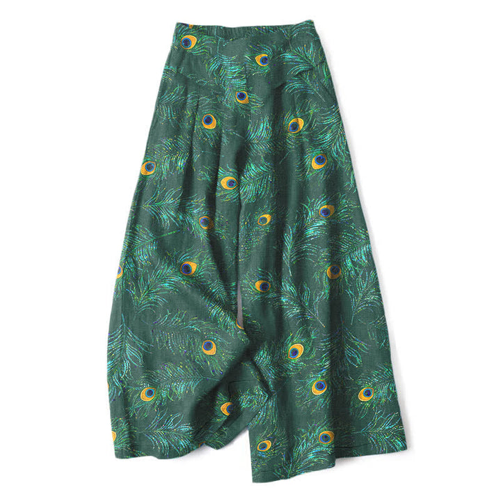 Buddha Stones Pantaloni da donna in cotone e lino con elastico in vita e gamba larga, fantasia a piume di pavone, con tasche. - Verde studentesco - US16, UK/AU20, EU48 (3XL) - image 6
