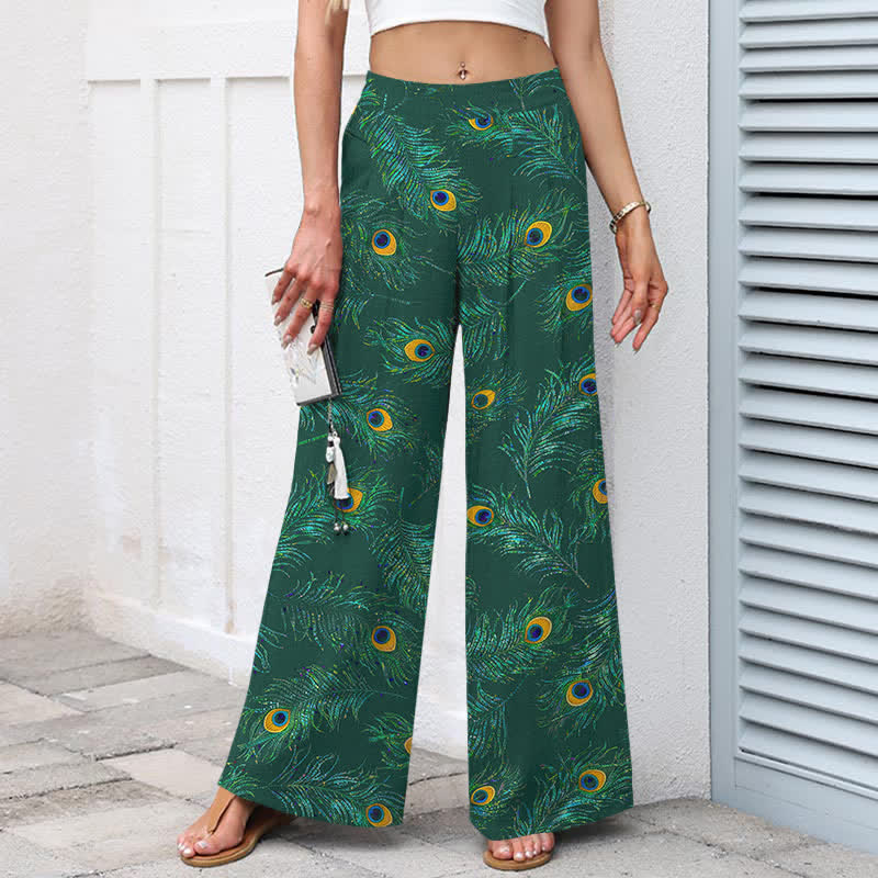 Buddha Stones Pantaloni da donna in cotone e lino con elastico in vita e gamba larga, fantasia a piume di pavone, con tasche. - image 7