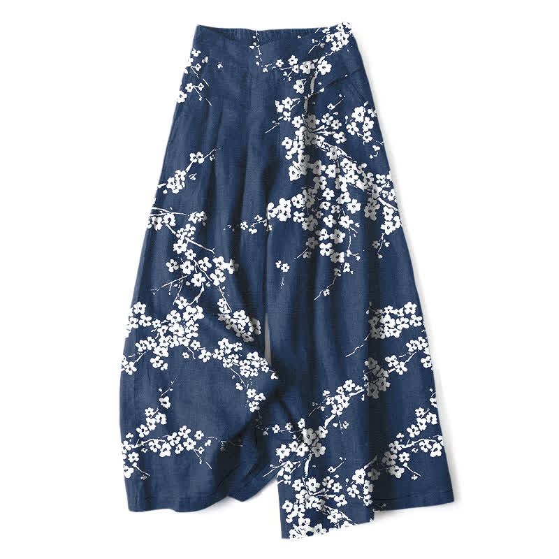Buddha Stones Pantaloni da donna in cotone e lino bianchi con elastico in vita e gamba larga, fantasia a rami di ciliegio, con tasche. - Marina - US16, UK/AU20, EU48 (3XL) - image 0