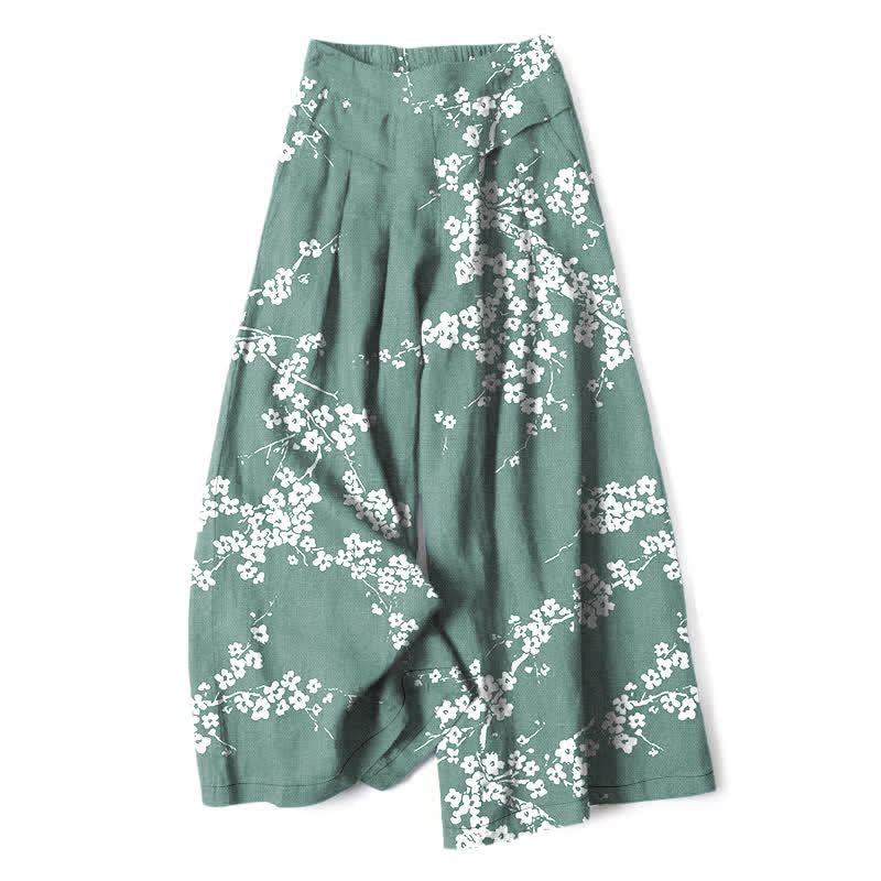 Buddha Stones Pantaloni da donna in cotone e lino bianchi con elastico in vita e gamba larga, fantasia a rami di ciliegio, con tasche. - Acquamarina media - US16, UK/AU20, EU48 (3XL) - image 4