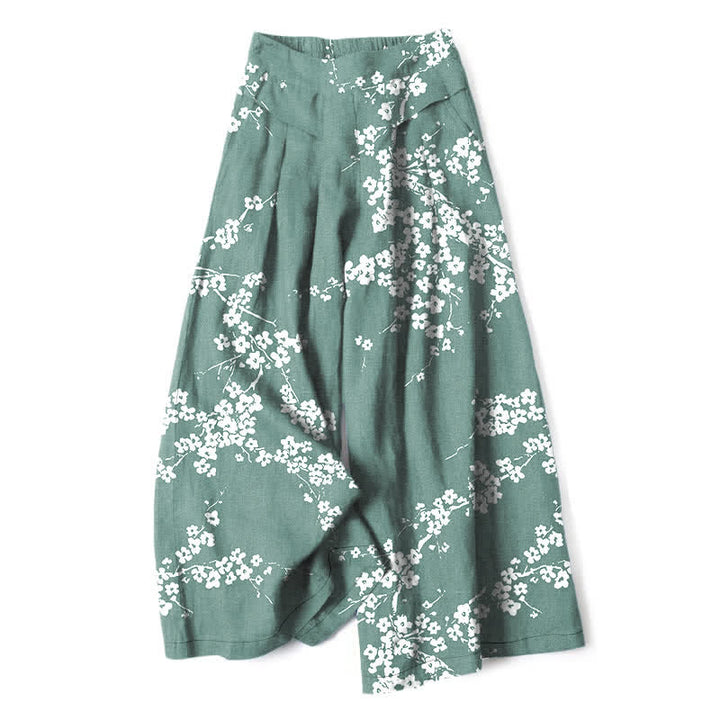 Buddha Stones Pantaloni da donna in cotone e lino bianchi con elastico in vita e gamba larga, fantasia a rami di ciliegio, con tasche. - Acquamarina media - US16, UK/AU20, EU48 (3XL) - image 4