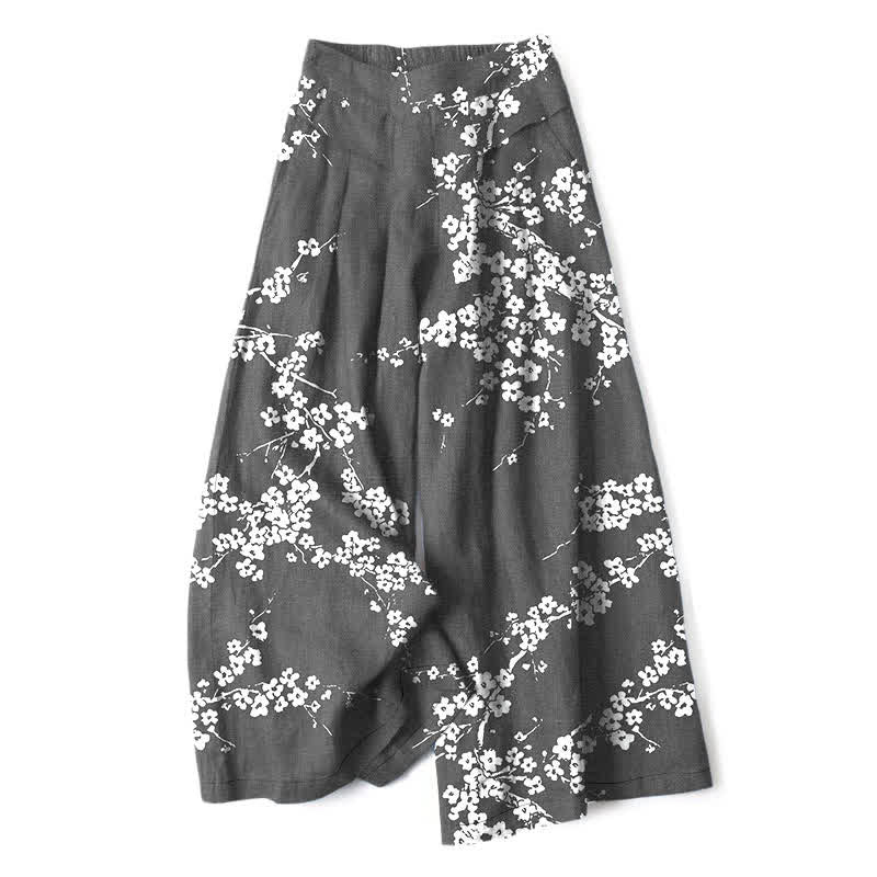 Buddha Stones Pantaloni da donna in cotone e lino bianchi con elastico in vita e gamba larga, fantasia a rami di ciliegio, con tasche. - Grigio tenue - US16, UK/AU20, EU48 (3XL) - image 6