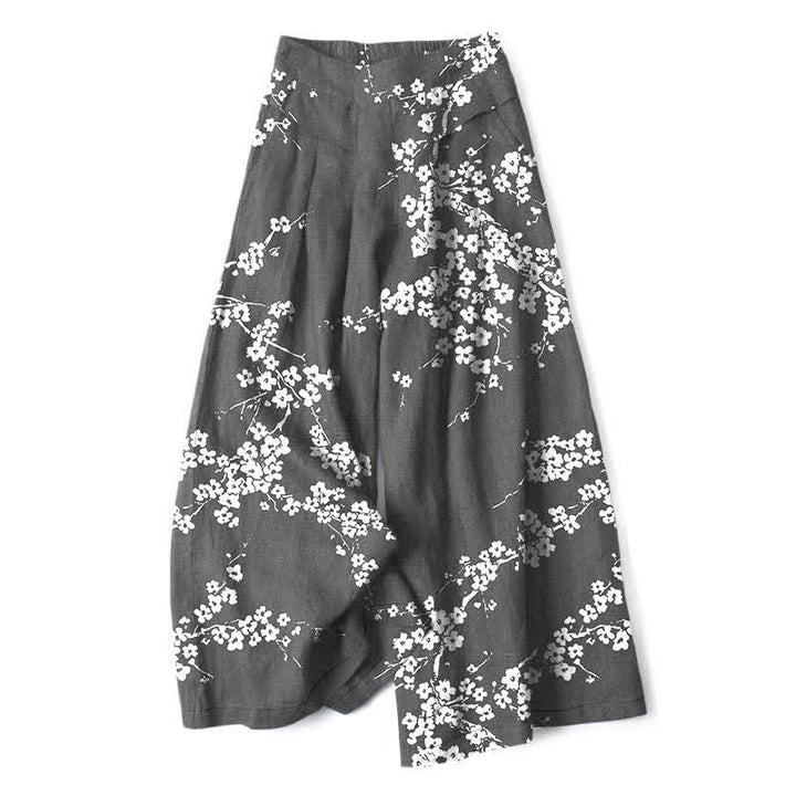 Buddha Stones Pantaloni da donna in cotone e lino bianchi con elastico in vita e gamba larga, fantasia a rami di ciliegio, con tasche. - Grigio tenue - US16, UK/AU20, EU48 (3XL) - image 6