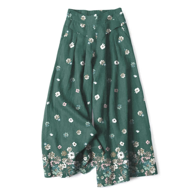 Buddha Stones Pantaloni da donna a gamba larga con elastico in vita e tasche, in cotone e lino, con fantasia floreale vintage a margherite. - Verde mare - US16, UK/AU20, EU48 (3XL) - image 0