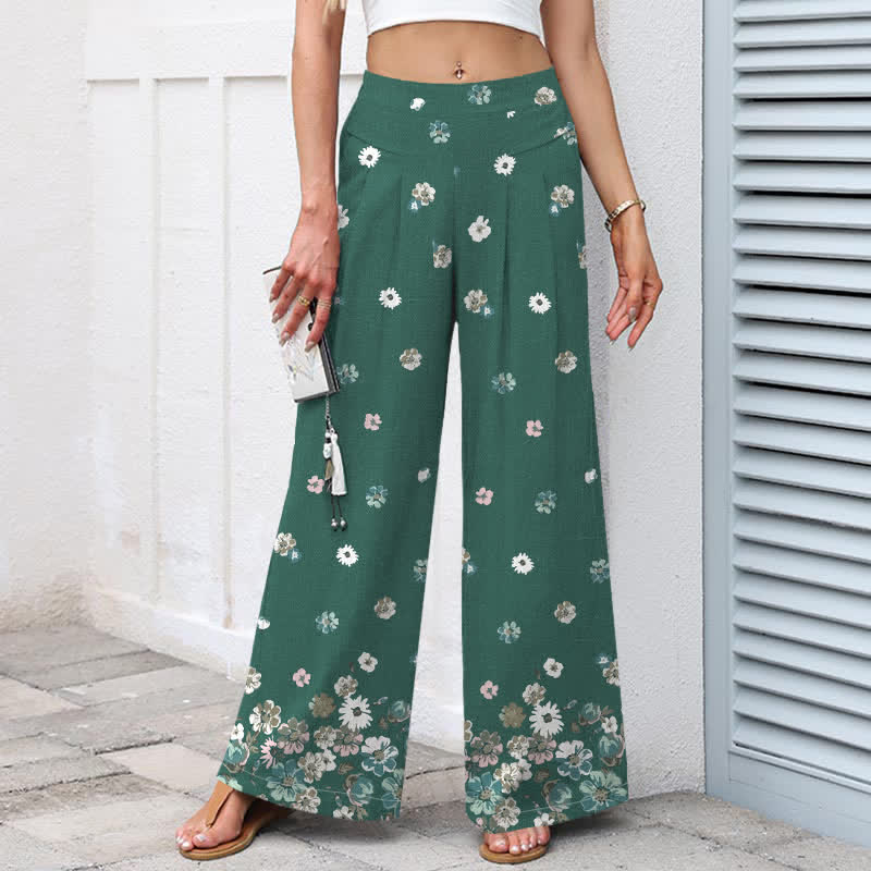 Buddha Stones Pantaloni da donna a gamba larga con elastico in vita e tasche, in cotone e lino, con fantasia floreale vintage a margherite. - image 1