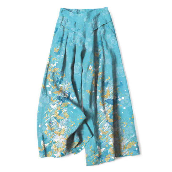 Buddha Stones Pantaloni da donna in cotone e lino, stile bohémien, con elastico in vita e gamba larga, a fantasia floreale e farfalle dorate, con tasche. - Blu cielo profondo - US16, UK/AU20, EU48 (3XL) - image 0