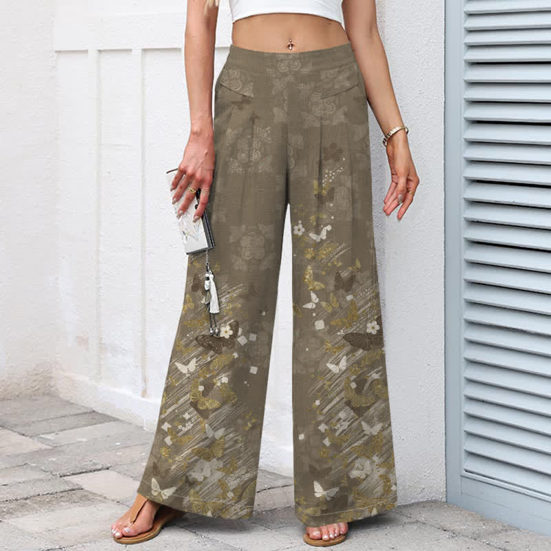 Buddha Stones Pantaloni da donna in cotone e lino, stile bohémien, con elastico in vita e gamba larga, a fantasia floreale e farfalle dorate, con tasche. - image 5