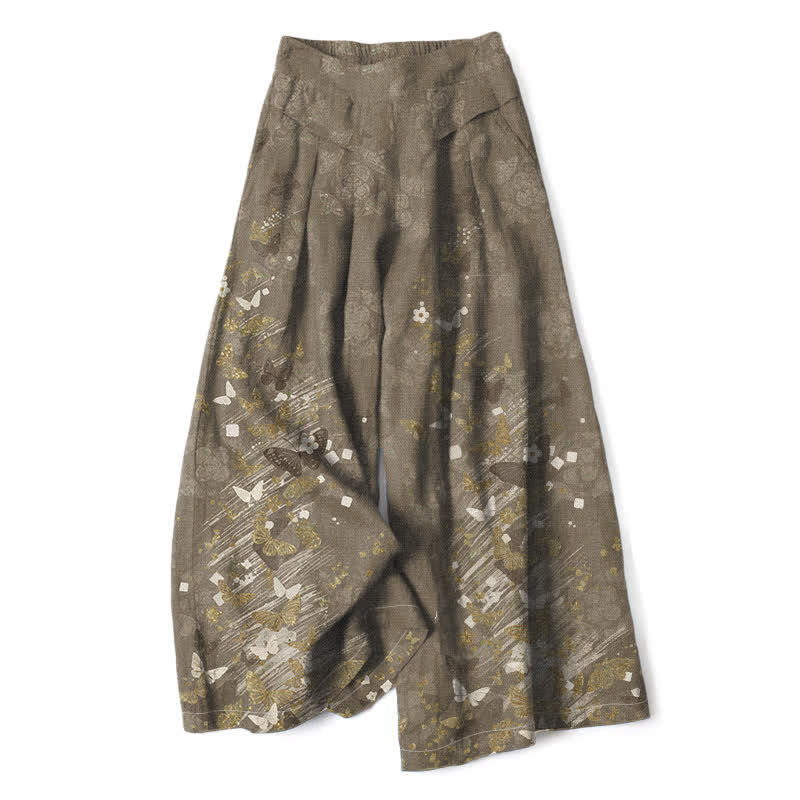 Buddha Stones Pantaloni da donna in cotone e lino, stile bohémien, con elastico in vita e gamba larga, a fantasia floreale e farfalle dorate, con tasche. - Oliva - US16, UK/AU20, EU48 (3XL) - image 4