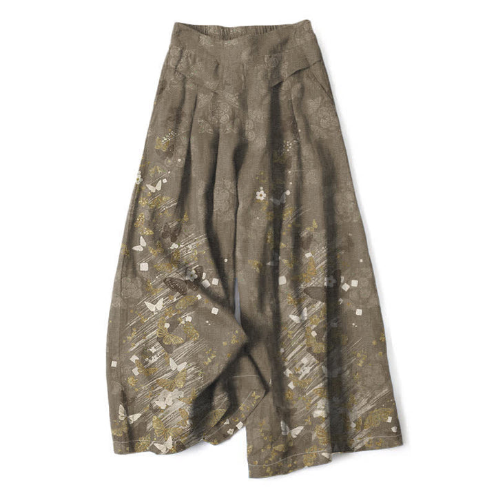 Buddha Stones Pantaloni da donna in cotone e lino, stile bohémien, con elastico in vita e gamba larga, a fantasia floreale e farfalle dorate, con tasche. - Oliva - US16, UK/AU20, EU48 (3XL) - image 4