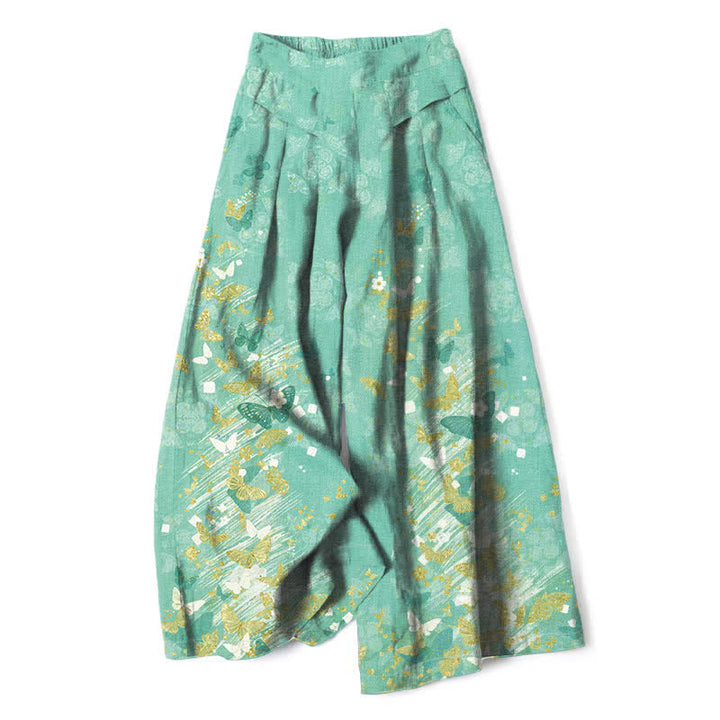 Buddha Stones Pantaloni da donna in cotone e lino, stile bohémien, con elastico in vita e gamba larga, a fantasia floreale e farfalle dorate, con tasche. - Acquamarina media - US16, UK/AU20, EU48 (3XL) - image 6