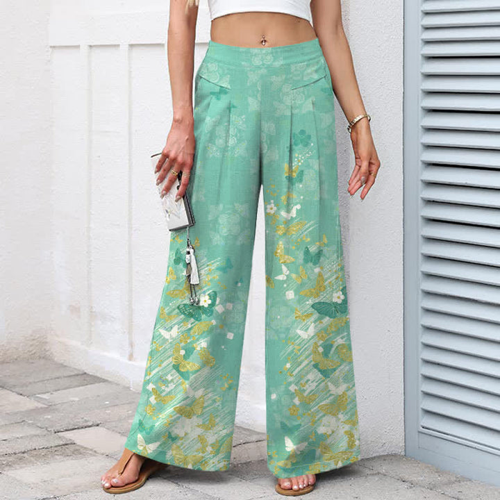 Buddha Stones Pantaloni da donna in cotone e lino, stile bohémien, con elastico in vita e gamba larga, a fantasia floreale e farfalle dorate, con tasche. - image 7