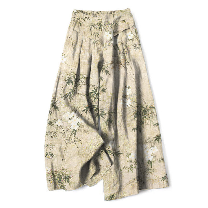 Buddha Stones Pantaloni da donna a gamba larga con elastico in vita e tasche, in cotone e lino, con fantasia a foglie di bambù. - Beige - US16, UK/AU20, EU48 (3XL) - image 0