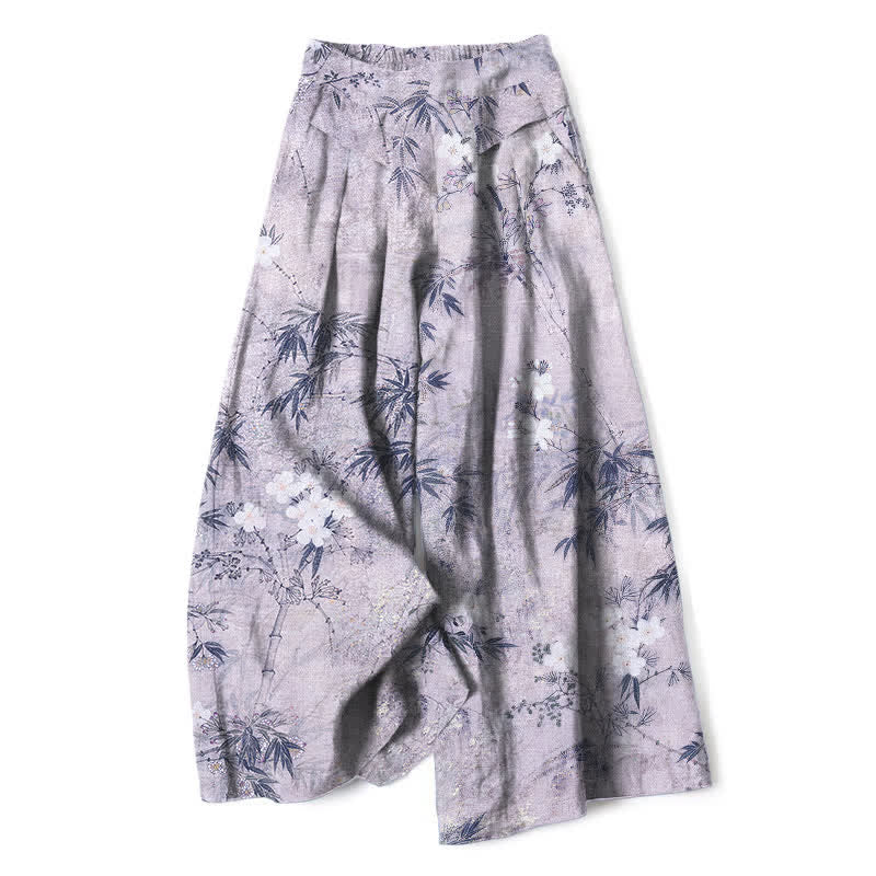 Buddha Stones Pantaloni da donna a gamba larga con elastico in vita e tasche, in cotone e lino, con fantasia a foglie di bambù. - Lavanda - US16, UK/AU20, EU48 (3XL) - image 4
