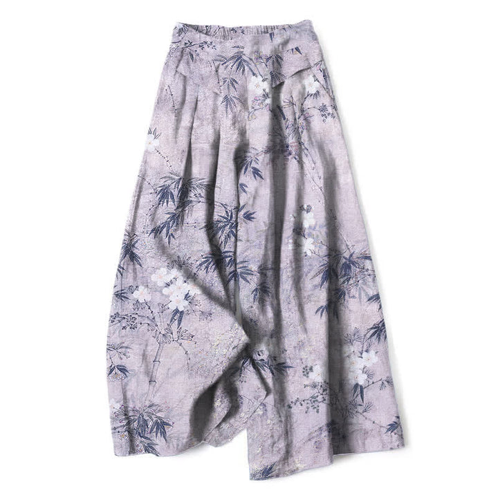 Buddha Stones Pantaloni da donna a gamba larga con elastico in vita e tasche, in cotone e lino, con fantasia a foglie di bambù. - Lavanda - US16, UK/AU20, EU48 (3XL) - image 4