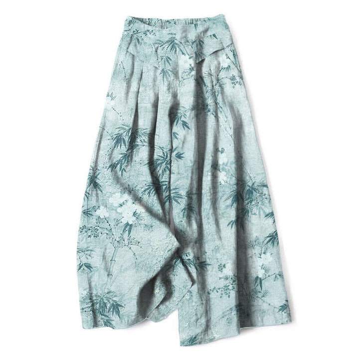 Buddha Stones Pantaloni da donna a gamba larga con elastico in vita e tasche, in cotone e lino, con fantasia a foglie di bambù. - Turchese pallido - US16, UK/AU20, EU48 (3XL) - image 6
