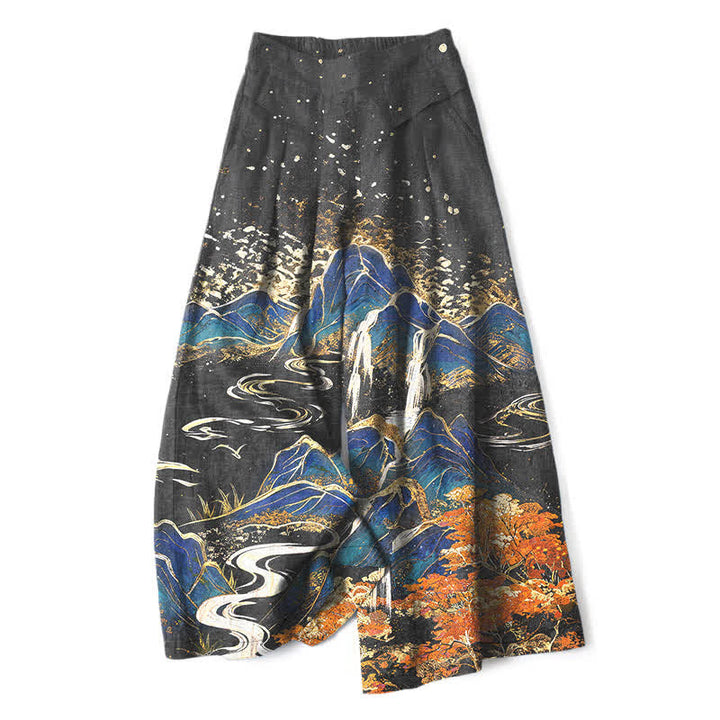 Buddha Stones Pantaloni da donna in cotone e lino con elastico in vita e gamba larga, fantasia paesaggio orientale, con tasche. - Nero - US16, UK/AU20, EU48 (3XL) - image 0