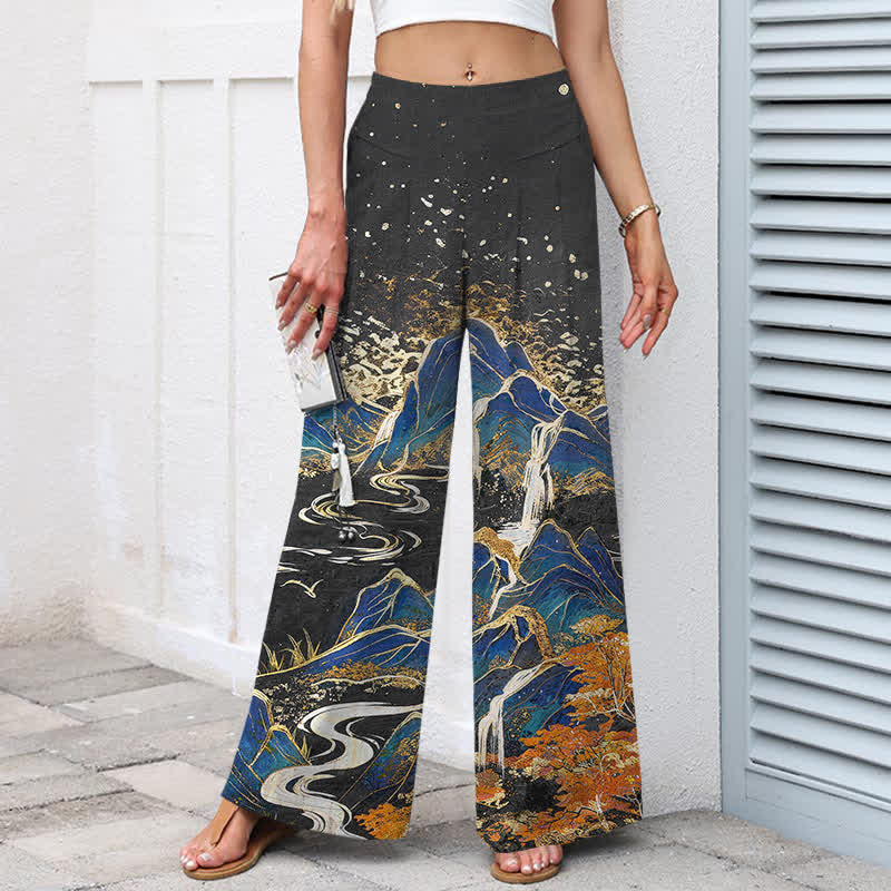 Buddha Stones Pantaloni da donna in cotone e lino con elastico in vita e gamba larga, fantasia paesaggio orientale, con tasche. - image 1