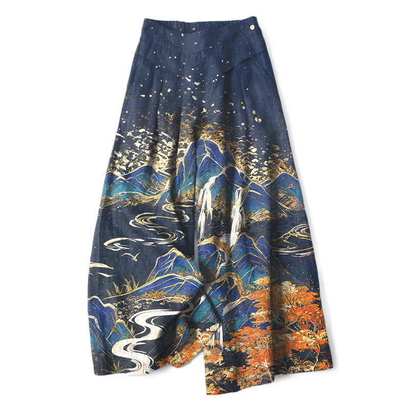 Buddha Stones Pantaloni da donna in cotone e lino con elastico in vita e gamba larga, fantasia paesaggio orientale, con tasche. - Marina - US16, UK/AU20, EU48 (3XL) - image 4