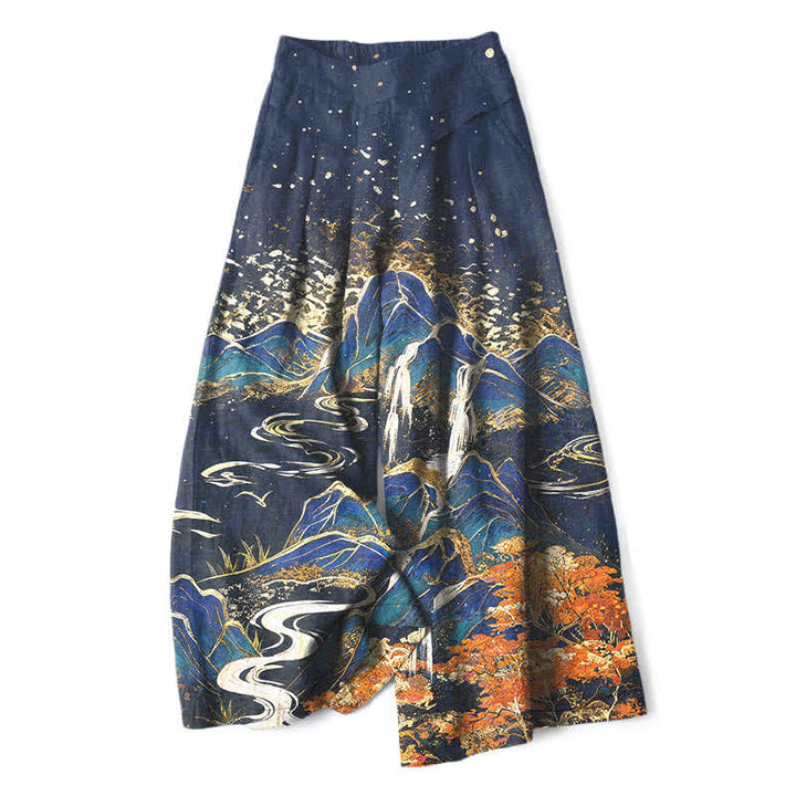 Buddha Stones Pantaloni da donna in cotone e lino con elastico in vita e gamba larga, fantasia paesaggio orientale, con tasche. - Marina - US16, UK/AU20, EU48 (3XL) - image 4