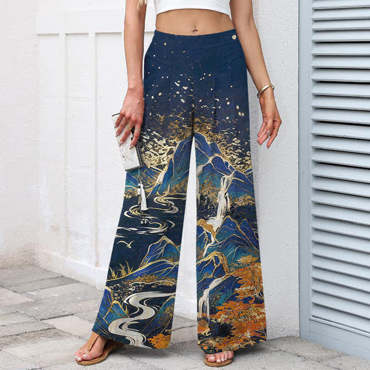 Buddha Stones Pantaloni da donna in cotone e lino con elastico in vita e gamba larga, fantasia paesaggio orientale, con tasche. - image 5