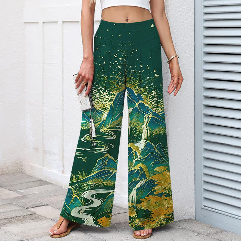 Buddha Stones Pantaloni da donna in cotone e lino con elastico in vita e gamba larga, fantasia paesaggio orientale, con tasche. - image 7