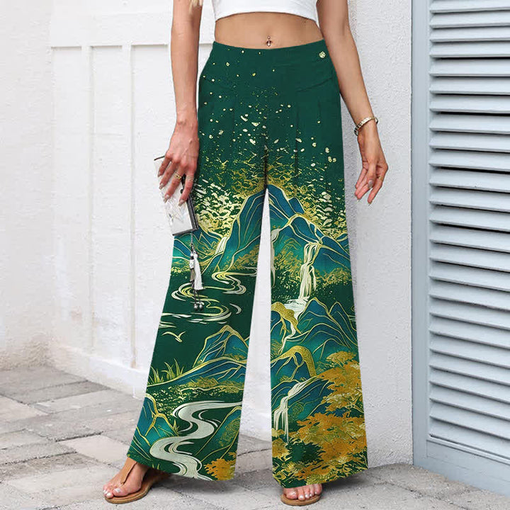 Buddha Stones Pantaloni da donna in cotone e lino con elastico in vita e gamba larga, fantasia paesaggio orientale, con tasche. - image 7