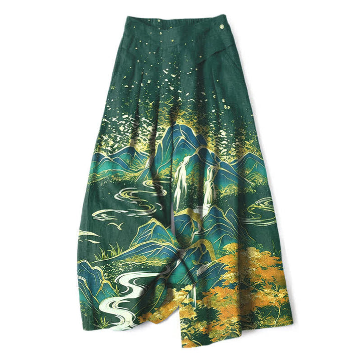 Buddha Stones Pantaloni da donna in cotone e lino con elastico in vita e gamba larga, fantasia paesaggio orientale, con tasche. - Verde studentesco - US16, UK/AU20, EU48 (3XL) - image 6