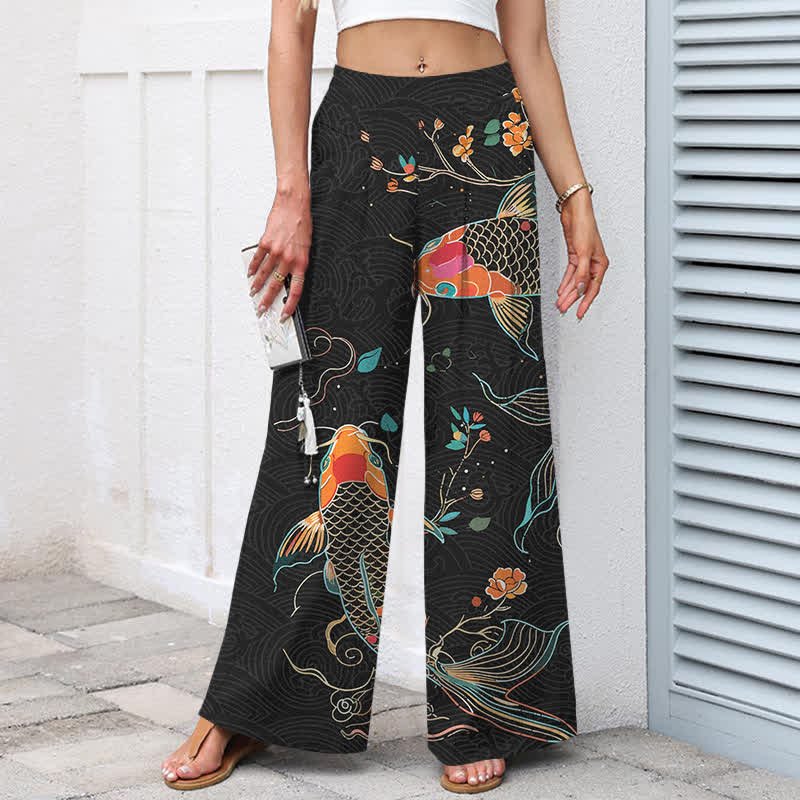 Buddha Stones Pantaloni da donna in cotone e lino con elastico in vita e gamba larga, fantasia floreale con pesci koi e tasche. - image 1
