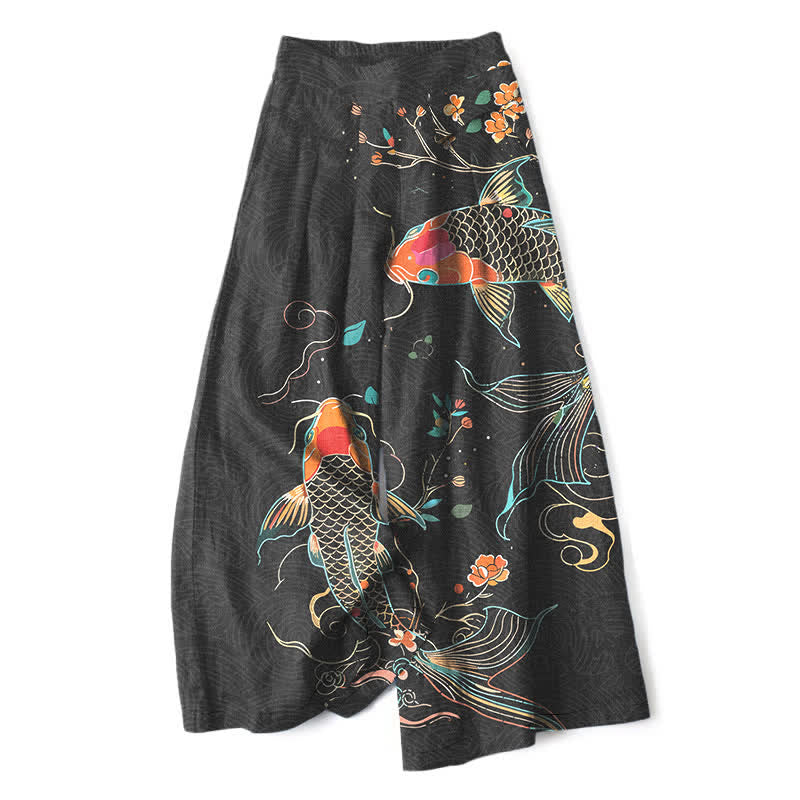 Buddha Stones Pantaloni da donna in cotone e lino con elastico in vita e gamba larga, fantasia floreale con pesci koi e tasche. - Nero - US16, UK/AU20, EU48 (3XL) - image 0