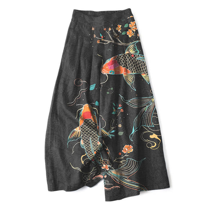Buddha Stones Pantaloni da donna in cotone e lino con elastico in vita e gamba larga, fantasia floreale con pesci koi e tasche. - Nero - US16, UK/AU20, EU48 (3XL) - image 0