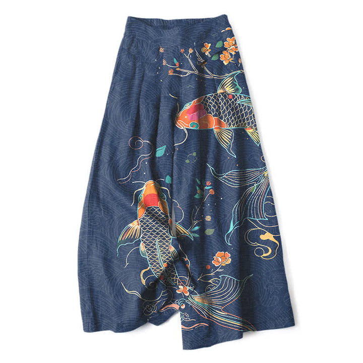 Buddha Stones Pantaloni da donna in cotone e lino con elastico in vita e gamba larga, fantasia floreale con pesci koi e tasche. - Marina - US16, UK/AU20, EU48 (3XL) - image 4