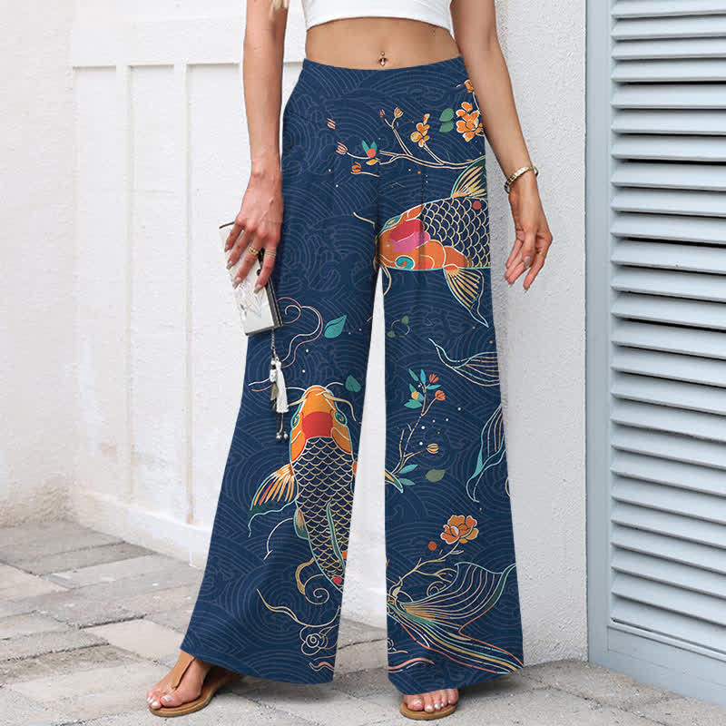 Buddha Stones Pantaloni da donna in cotone e lino con elastico in vita e gamba larga, fantasia floreale con pesci koi e tasche. - image 5