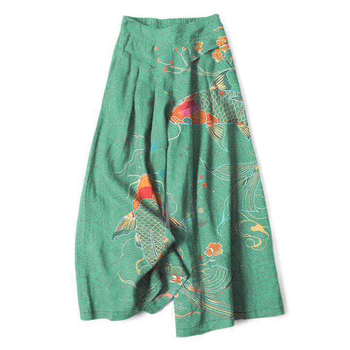 Buddha Stones Pantaloni da donna in cotone e lino con elastico in vita e gamba larga, fantasia floreale con pesci koi e tasche. - Verde mare medio - US16, UK/AU20, EU48 (3XL) - image 6