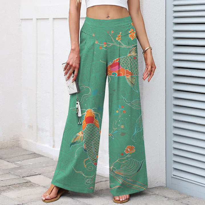 Buddha Stones Pantaloni da donna in cotone e lino con elastico in vita e gamba larga, fantasia floreale con pesci koi e tasche. - image 7